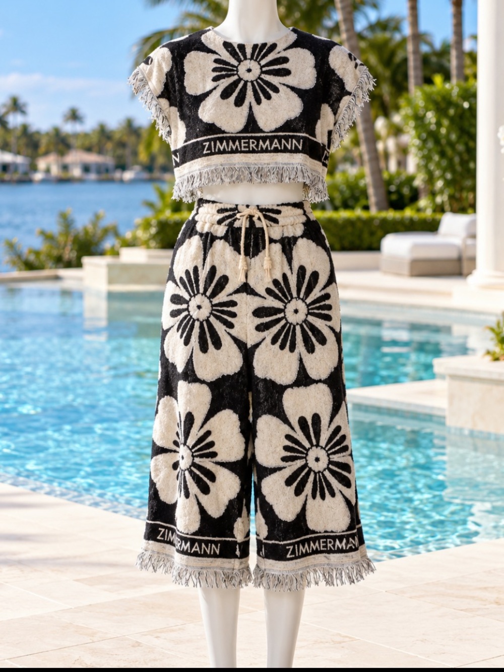 ZIMMERMANN Halliday Towelling Floral Crop Top & Pant Set Black Cream